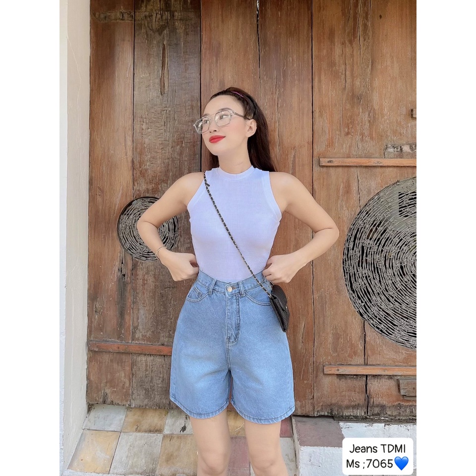 Quần short lửng ngố bò jean nữ lưng cao ống rộng chất trơn mềm