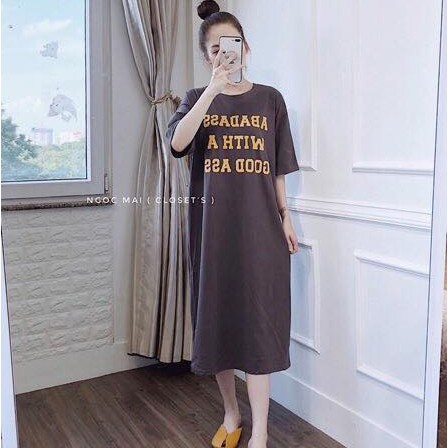 Đầm suông nữ cotton mịn mát form rộng - Váy xuông nữ xoắn lưng họa tiết chữ - CM Shop