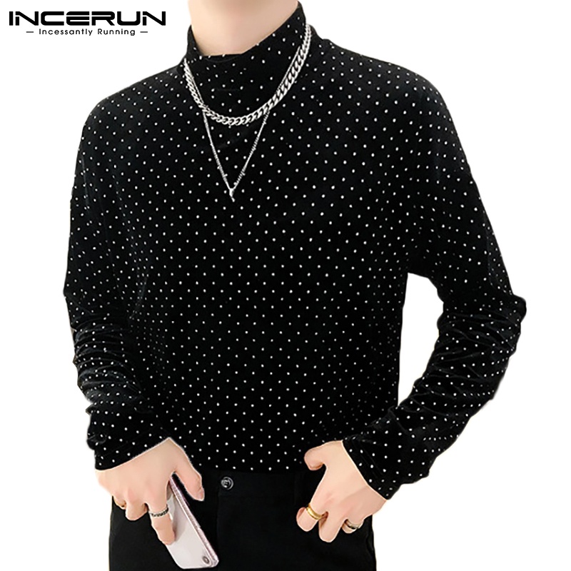 Áo nam INCERUN dài tay cổ cao màu đen họa tiết chấm bi