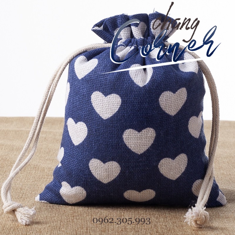 Túi vải canvas xanh dương dây rút 9*12 cm in hình trái tim đựng trang sức, vòng tình yêu, vòng đá phong thủy