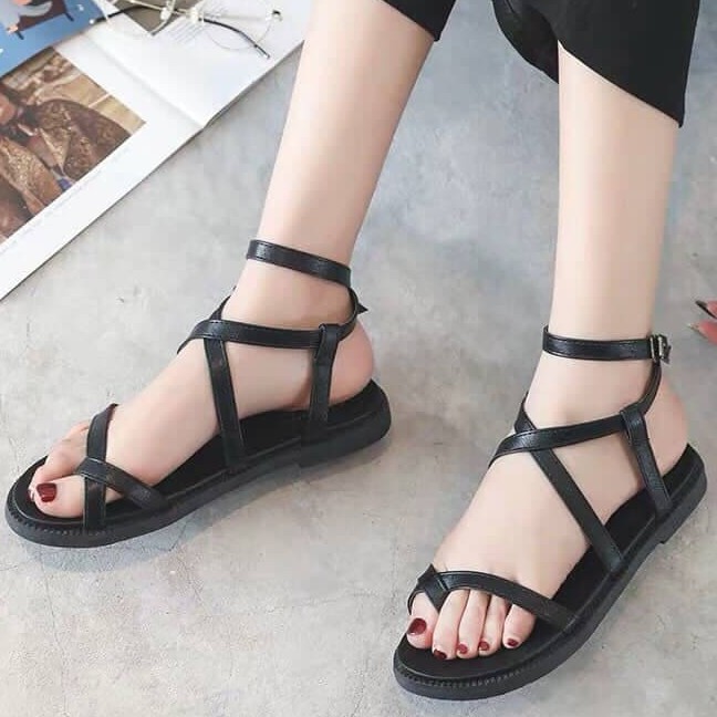 SANDAL NỮ PHỐI DÂY CÁ TÍNH CHẤT DA SI ÉP ĐẾ ĐÚC MỀM CHO NỮ - GIÀY NỮ MÀU ĐEN BAO BỀN ĐẸP (Chuẩn form y hình)