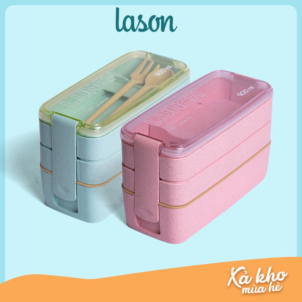 Hộp cơm 3 tầng lúa mạch Lason, cà men đựng cơm, kèm bộ thìa đũa nhựa