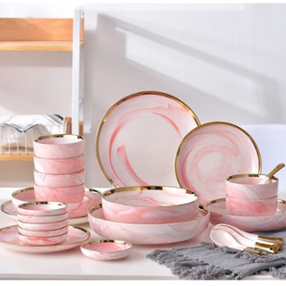 set bộ chén bát gốm sứ màu loang hồng viền vàng bóng sáng