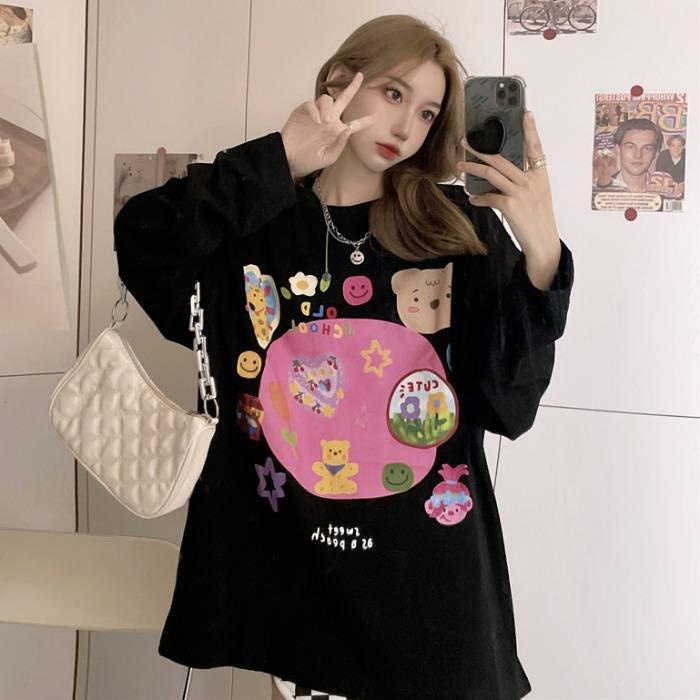 Jiashucheng Áo Thun Cotton Nguyên Chất Tay Dài Dáng Rộng In Họa Tiết Hoạt Hình Thời Trang Mùa Thu 2023