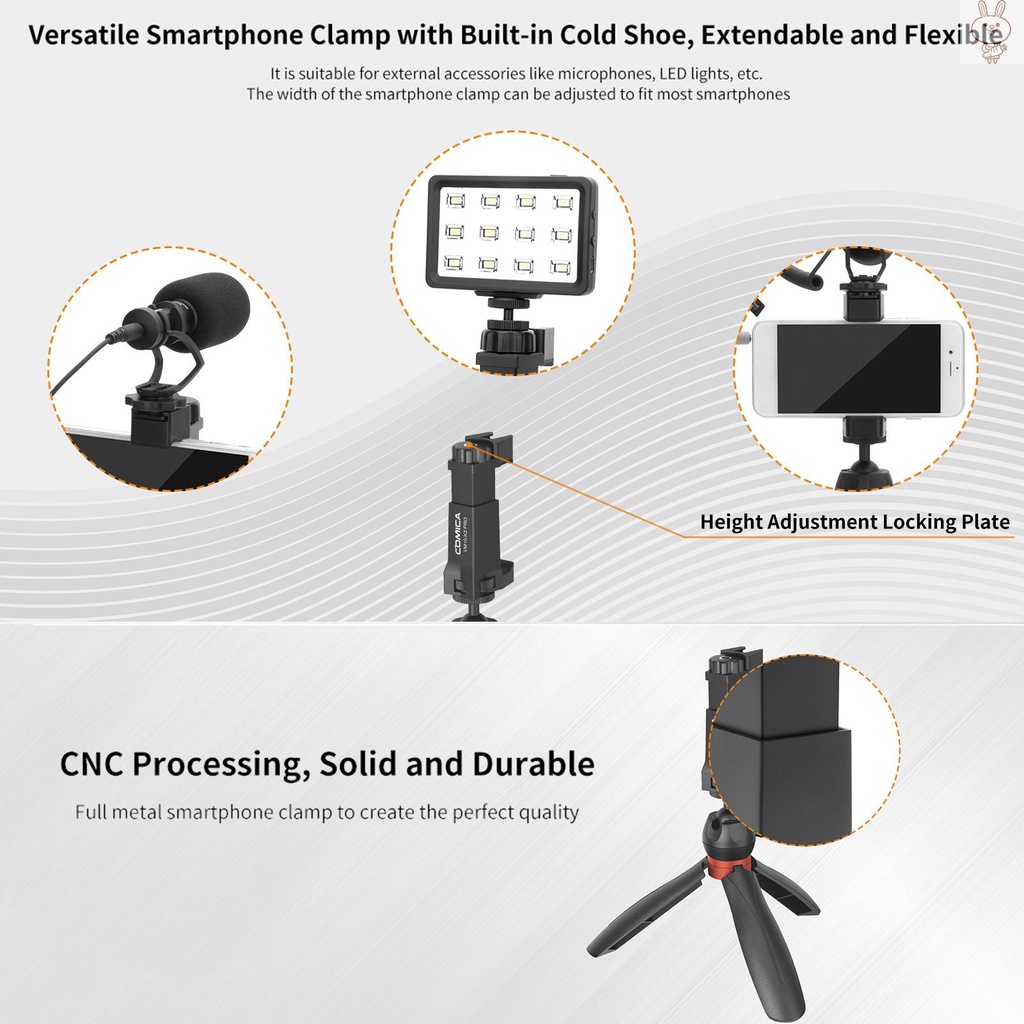 OL COMICA CVM-VM10-K2 Pro Multi-functional Smartphone Video Vlog Kit with Cardioid Microphone Ball Head Tripod Phone Holder 3.5mm TRS to TRRS Cable Foam Fur Windshield Carrying Bag