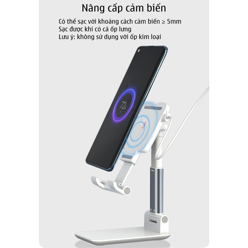 Giá Đỡ Điện Thoại, Ipad Kiêm Đế Sạc Không Dây Qi 10W GD008 Chất Liệu Abs Và Hợp Kim Nhôm Bền Đẹp, Chắc Chắn