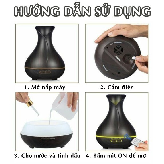 Máy xông tinh dầu Bình Hoa Tulip phun sương tạo ẩm, khuếch tán hương thơm 550ml có điều khiển, đèn led 7 màu