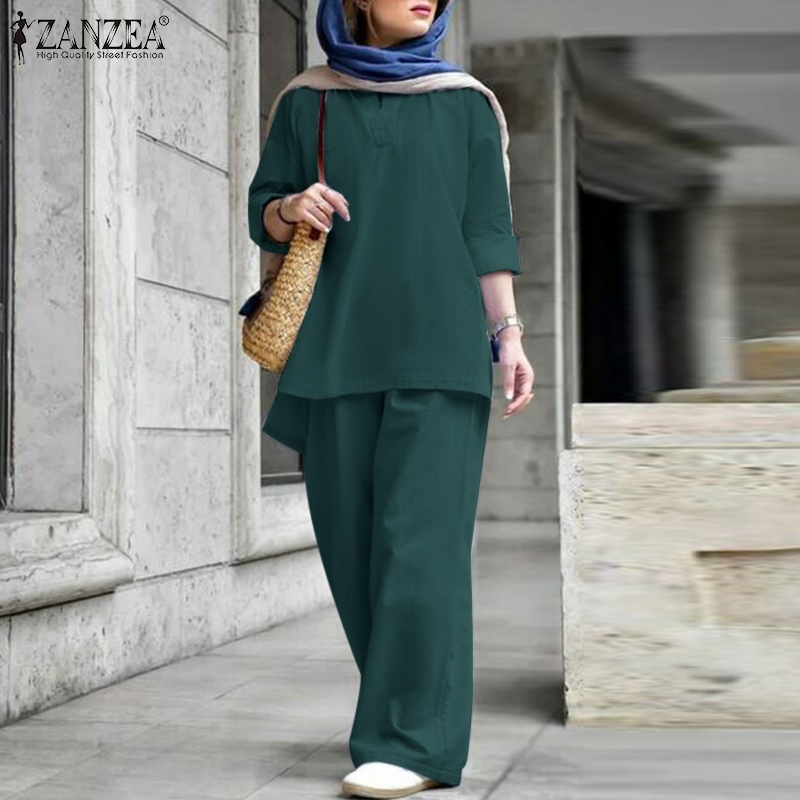 Zanzea Set Áo Dài Tay Cổ Chữ V + Quần Dài Lưng Thun Ống Rộng Thời Trang Nữ