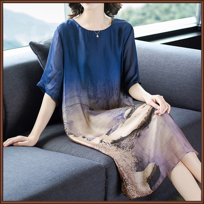 Đầm Tay Ngắn Dáng Rộng Bằng Lụa Mát Mỏng In Họa Tiết Thời Trang Xinh Xắn Cho Nữ