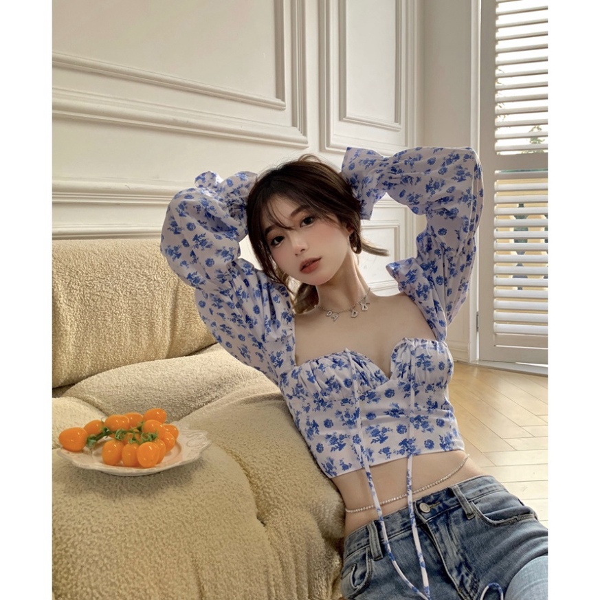 Áo Croptop Tay Phồng Cổ Vuông In Hoa Thời Trang Quyến Rũ Cho Nữ
