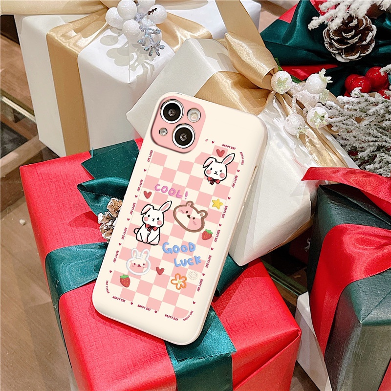 Ốp iphone cạnh vuông Thỏ trắng và gấu nền caro cho ip 6/8/7/plus/x/xr/xsmax/12 pro max/11pro max/13 pro max-nt014