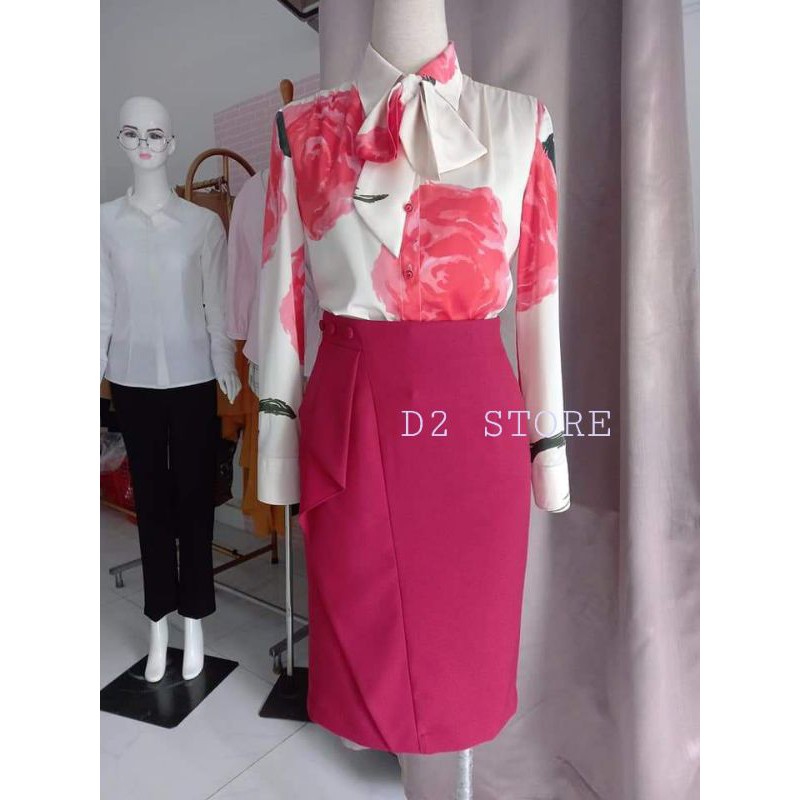 Sét công sở áo hoa hồng + chân váy