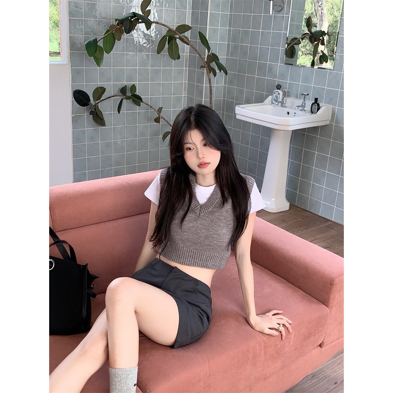 Xiaozhainv Áo crop top Dệt Kim Cổ Chữ V Phong Cách Hàn Quốc Có 3 Màu Lựa Chọn | BigBuy360 - bigbuy360.vn