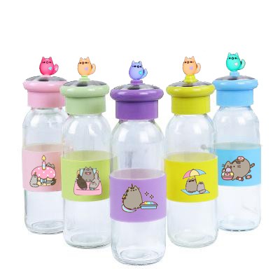 Bình nước pusheen lá cây 400ml BNCI8 thuỷ tinh bình nước cute chai nước dễ thương