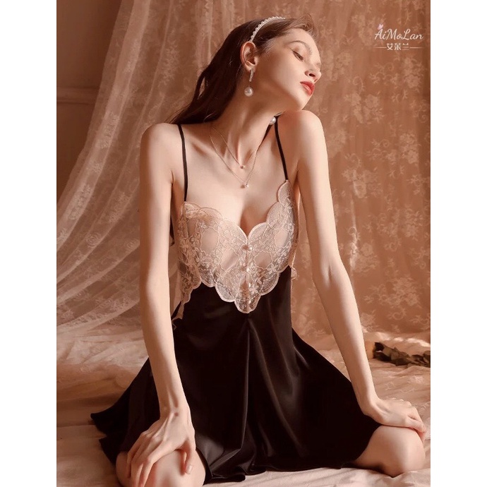 Váy ngủ, đầm ngủ lụa 2 dây phối ren ngực mềm - Hàng Quảng Châu cao cấp siêu hot hit 2022 - Queen.Sexy - VN49