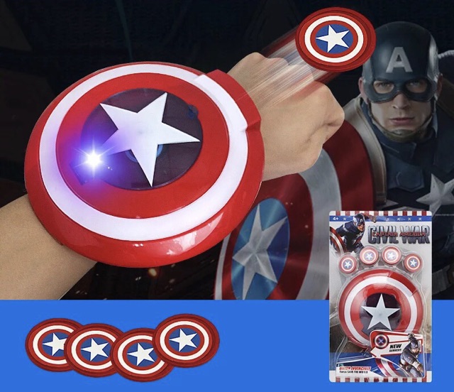 ❣️❣️ Đồ chơi Khiên Xoay Đèn &amp; Bao Tay Bắn Thẻ Đội Trưởng Mỹ Captain America ❣️❣️ Size dành cho trẻ em