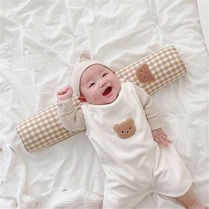 Gối Ôm Trẻ Em Dài Chất Liệu Cotton Bông Tinh Khiết Organic Thêu Gấu Style Hàn Quốc, Gối Chặn Cũi Chống Va Đập Cho Bé
