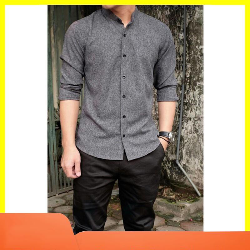 Áo sơ mi cổ tàu nam màu xám chất cotton form ôm nhẹ cho nhiều lứa tuổi Giá vô địch