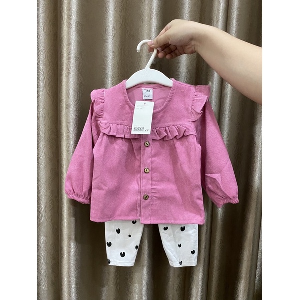 Đồ bộ dài tay thu đông bé gái, Set nhung tăm phối bèo điệu đà kèm quần legging mặc đi học đi chơi xinh xắn dễ thương