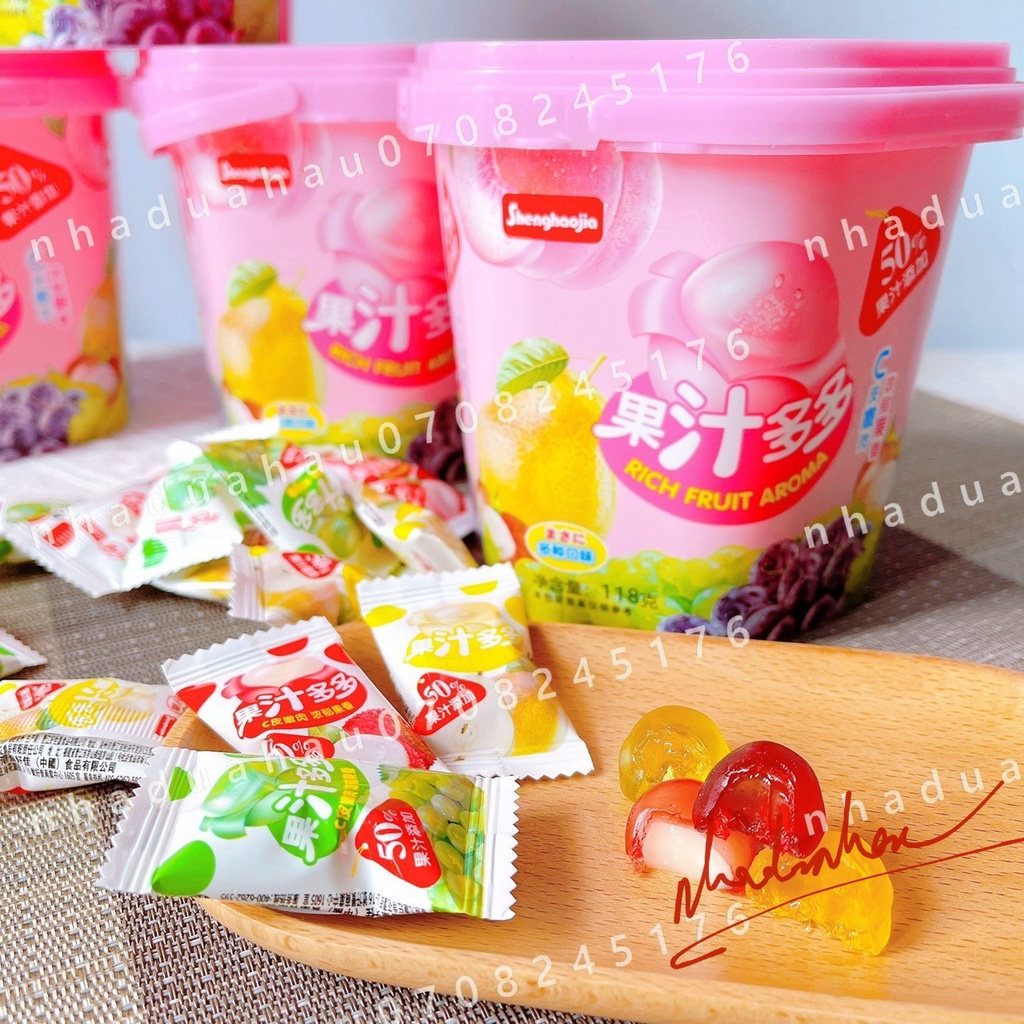 Kẹo dẻo sữa trái cây lột vỏ 2 lớp đặc sắc mix vị Hongkong xô lục giác xinh xắn 118gam