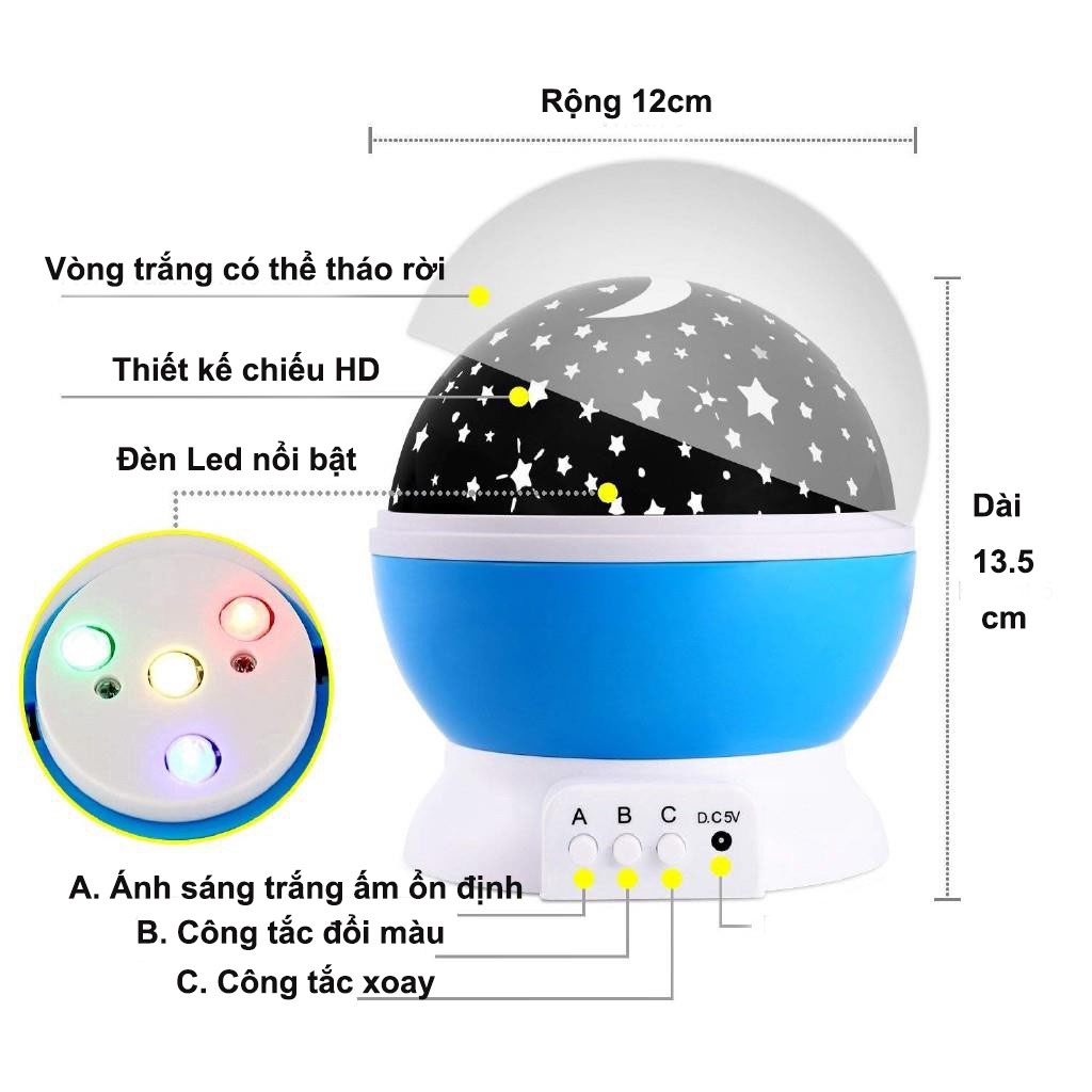 Đèn Ngủ Chiếu Sao Mặt Trăng Trang Trí Phòng- Đèn Led Chiếu Ban Đêm Bầu Trời, Nhiều Màu, Tự Động Xoay 360 Ru Bé Dễ Ngủ