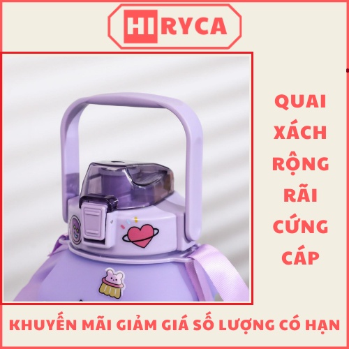 Bình nước đi học, bình đựng nước cute tập gym có ống hút dây đeo bằng nhựa HI.RYCA BN1L501