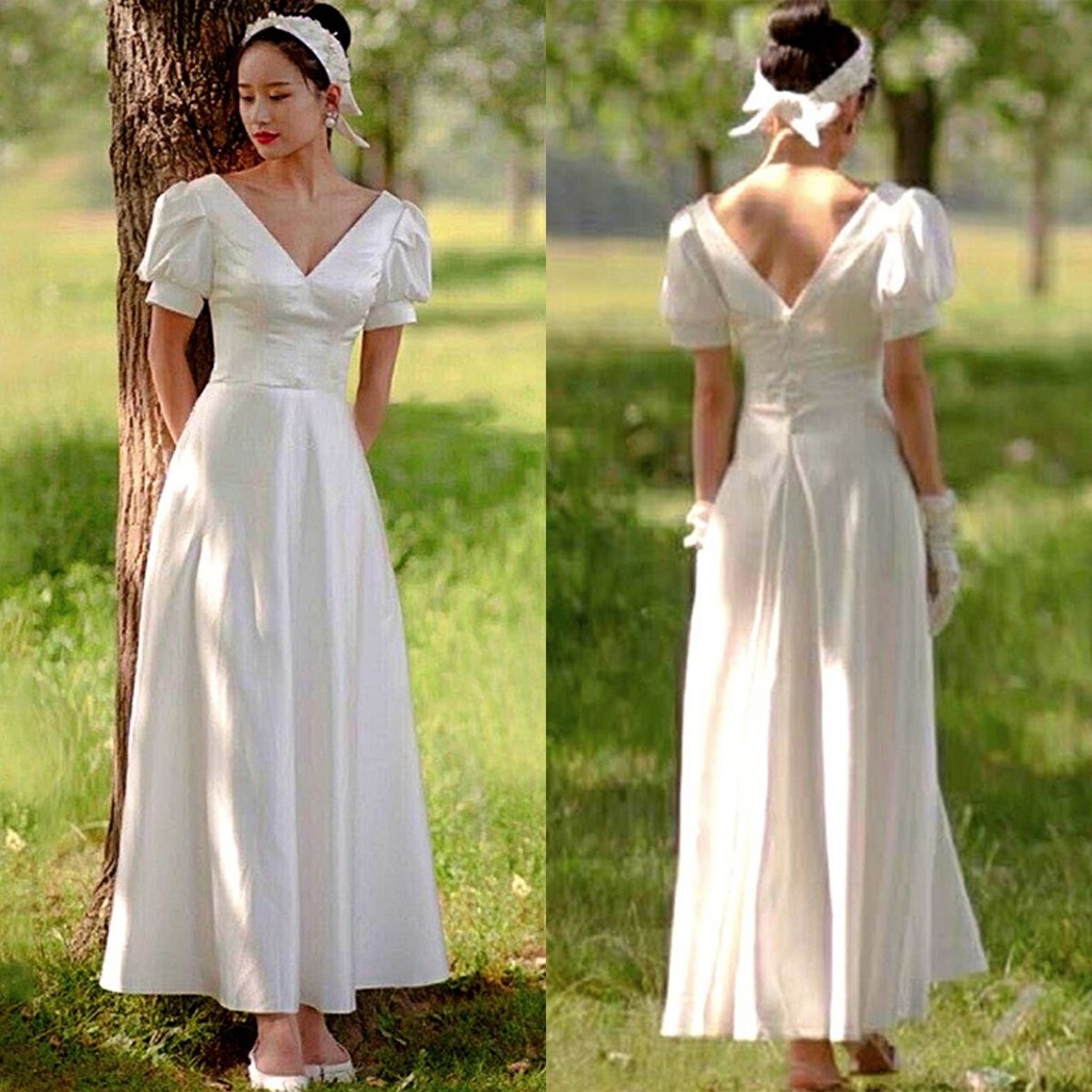 Đầm váy nữ thiết kế dự tiệc Trắng cổ V đan dây sau phong cách tiểu thư công chúa cá tính gợi cảm chất Lụa mango