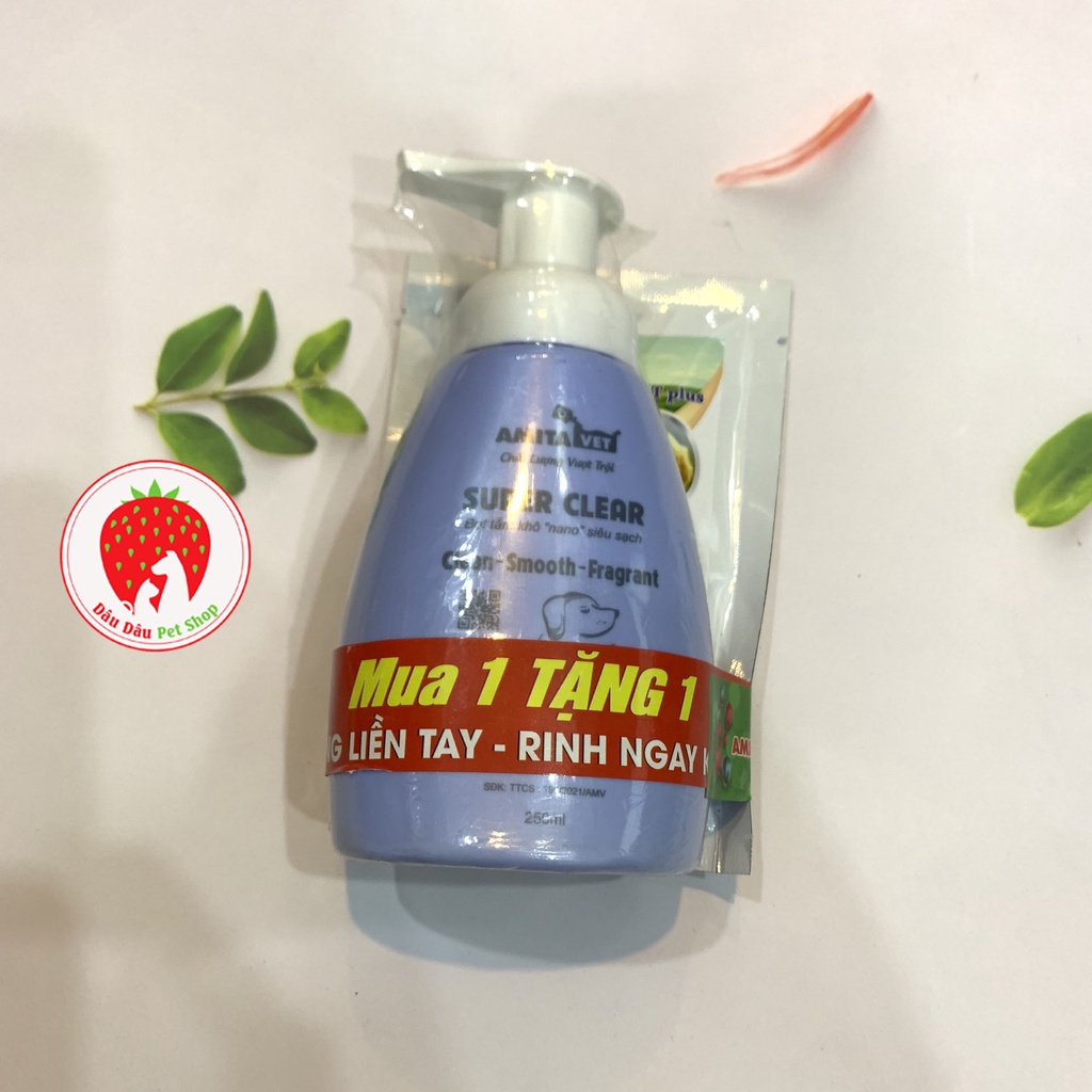 [Giá sỉ] Bọt tắm khô cho chó mèo Super Clear Amitavet 250ml (Tặng kèm bột canxi cao cấp)