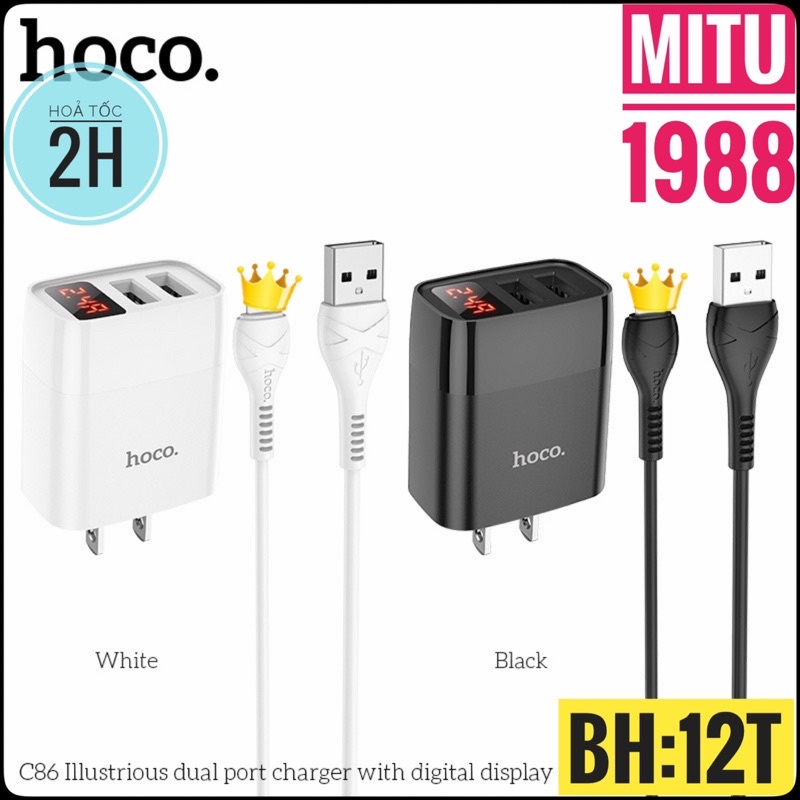 Bộ sạc nhanh Hoco C86/C86A 2 cổng USB 2.4A ,kèm theo cáp sạc cho IP/Type-C/Micro dài 1M
