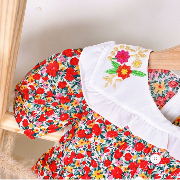 Đầm xòe cho bé gái, Váy hoa nhí cho bé 1-7 tuổi tay phồng họa tiết đủ màu sắc tươi tắn phối cổ thêu hoa Baby-S - SD064