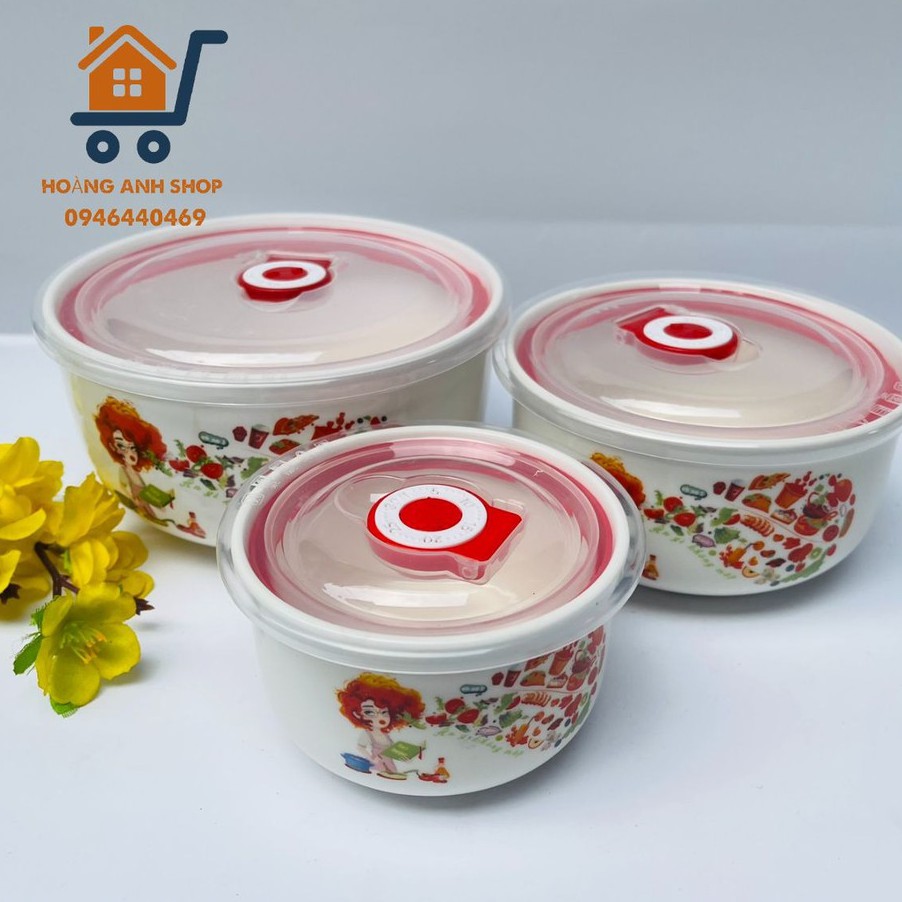 (RẺ VÔ ĐỊCH) Bộ 3 Thố Sứ Tô Sứ Có Nắp Hút Chân Không - Họa Tiết Tối Nay Ăn Gì - Đựng Thực Phẩm - 3 Size Lớn Nhỏ