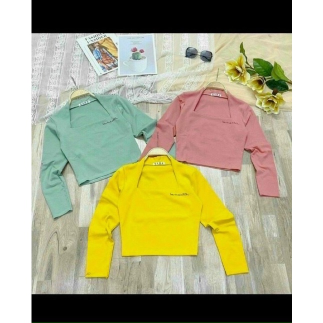 Áo kiểu croptop nữ đẹp ôm body tay dài cổ vuông thêu phong cách hàn quốc cực dễ thương mẫu mới thời trang