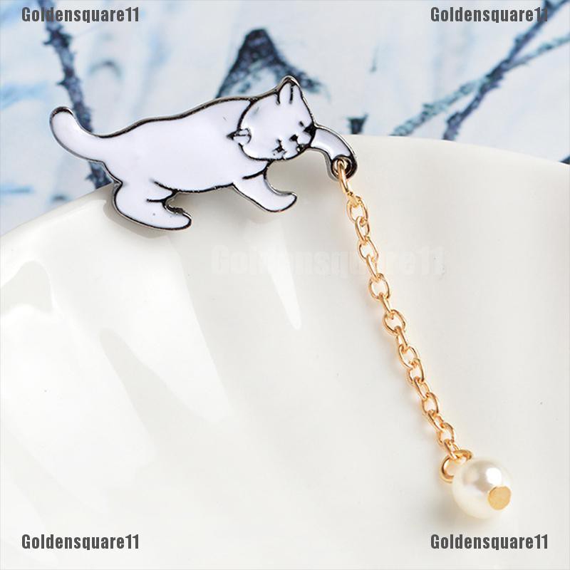 Ghim Cài Áo Hình Mèo Tráng Men Đính Ngọc Trai Dễ Thương