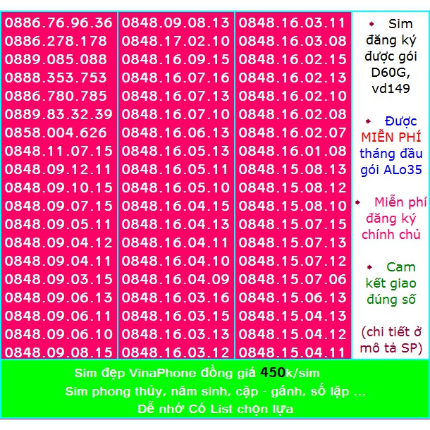 Sim Vina số đẹp 450k List 2 Miễn phí ĐK chính chủ Miễn phí gói ALO35 tháng đầu, ĐK được gói VD149-D60G...(xem ở chi tết)