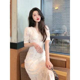 Đầm Midi Cổ V Đuôi Cá Kiểu Pháp