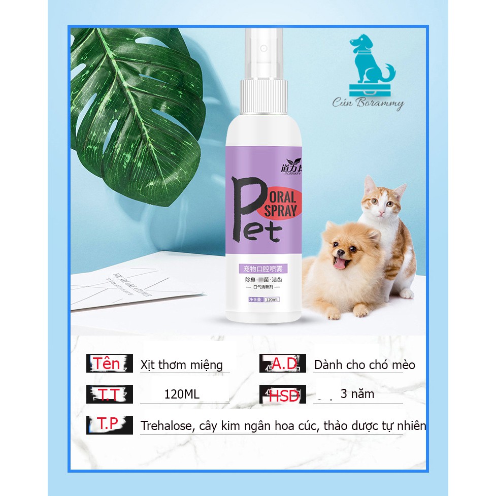 [Mã PET50 giảm 10% - tối đa 50K đơn 250K] Xịt thơm miệng cho thú cưng 120ml - súc miệng làm sạch răng miệng cho chó mèo