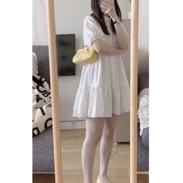 Đầm babydoll xòe cổ sơ mi, tay phồng