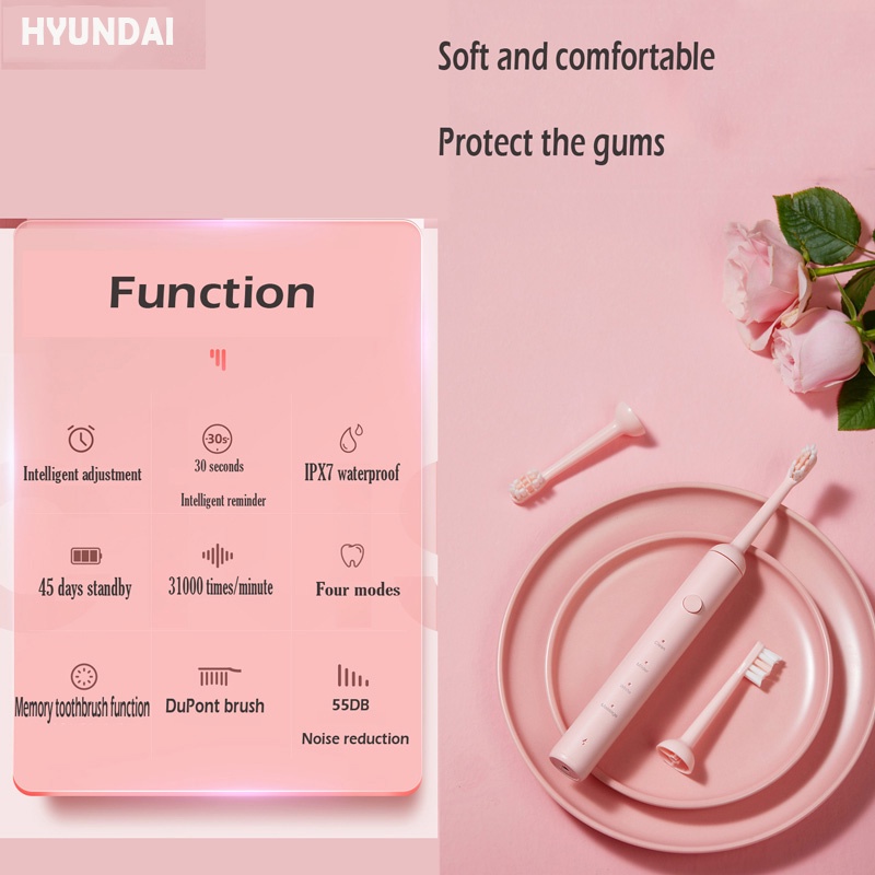 Bàn Chải Đánh Răng Điện 4 Chế Độ Sạc USB Chống Nước Thông Minh 2 Đầu Thay Thế Cho HYUNDAI Sound Wave