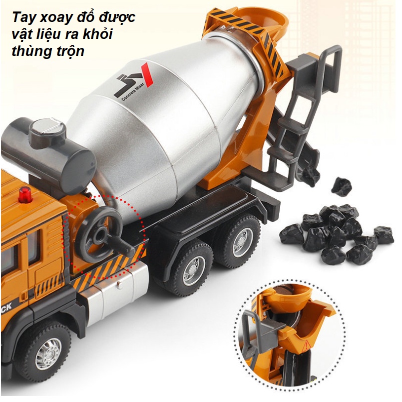 Xe trộn bê tông đồ chơi trẻ em bằng hợp kim nhựa có âm thanh và đèn tỉ lệ 1:50 xoay đổ được vật liệu