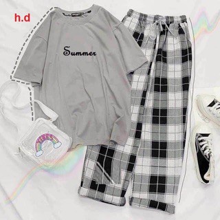 Sét áo Summer + Quần kẻCaroÁo cotton loại 1 form thụng tay lỡ,quần chất kẻ thô mềm,freesize Unisex