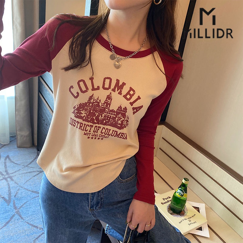 Áo Thun Nữ Dài Tay Cổ Tròn Màu Sắc Retro Mỹ