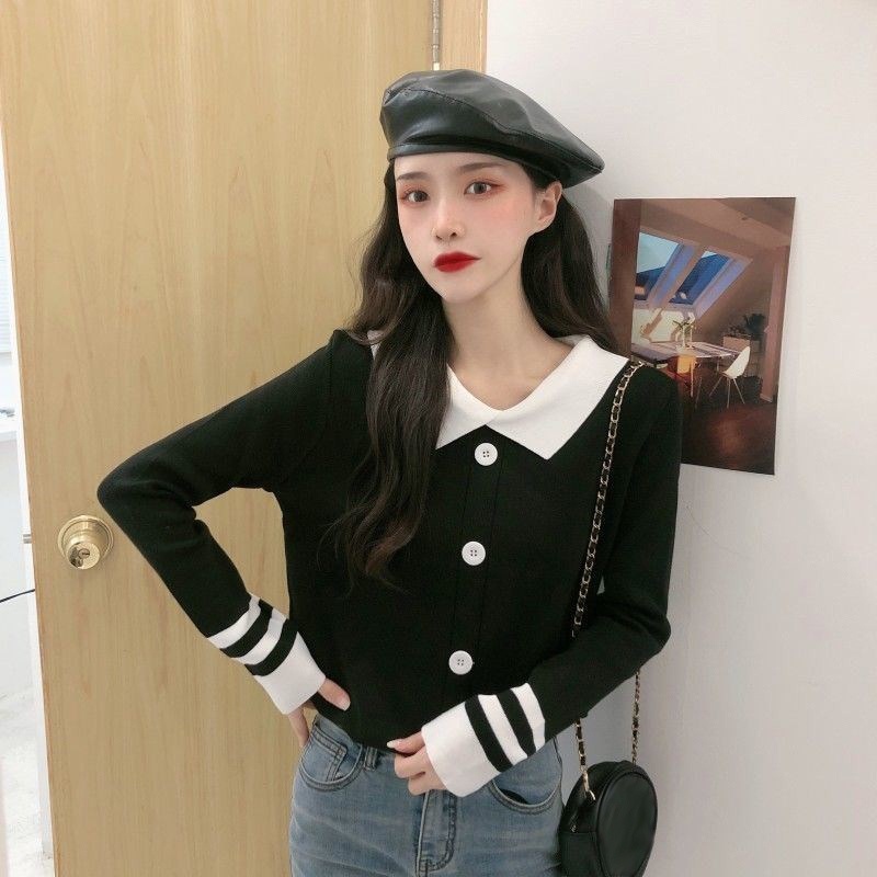 Áo khoác cardigan dệt kim cổ bẻ tay dài dáng rộng kẻ sọc thời trang mùa thu cho nữ