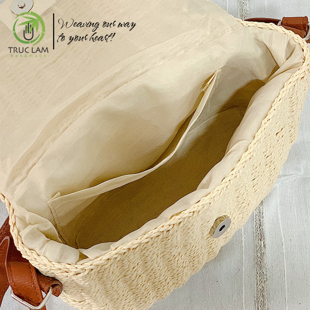 Túi Cói Đeo Chéo Thời Trang Nữ Màu Trơn Quai Da – Trúc Lâm Handmade