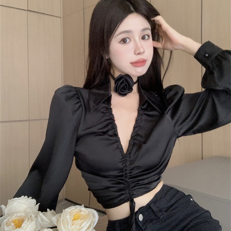 Áo Sơ Mi Chiffon Tay Dài Cổ V Phối Dây Rút Thời Trang Dành Cho Nữ