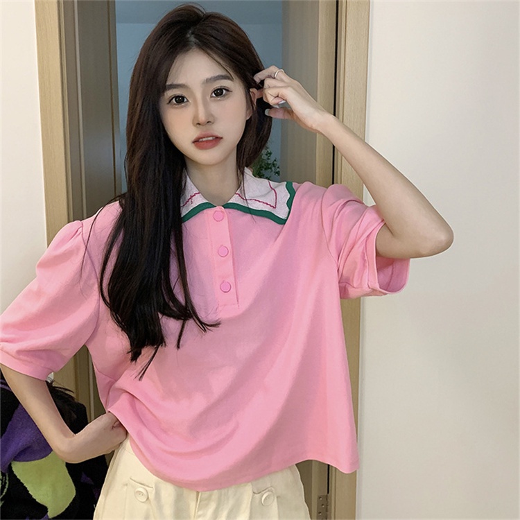 Áo polo Tay Phồng Ngắn Dáng Rộng Dễ Thương Phong Cách Hàn Quốc Cho Nữ