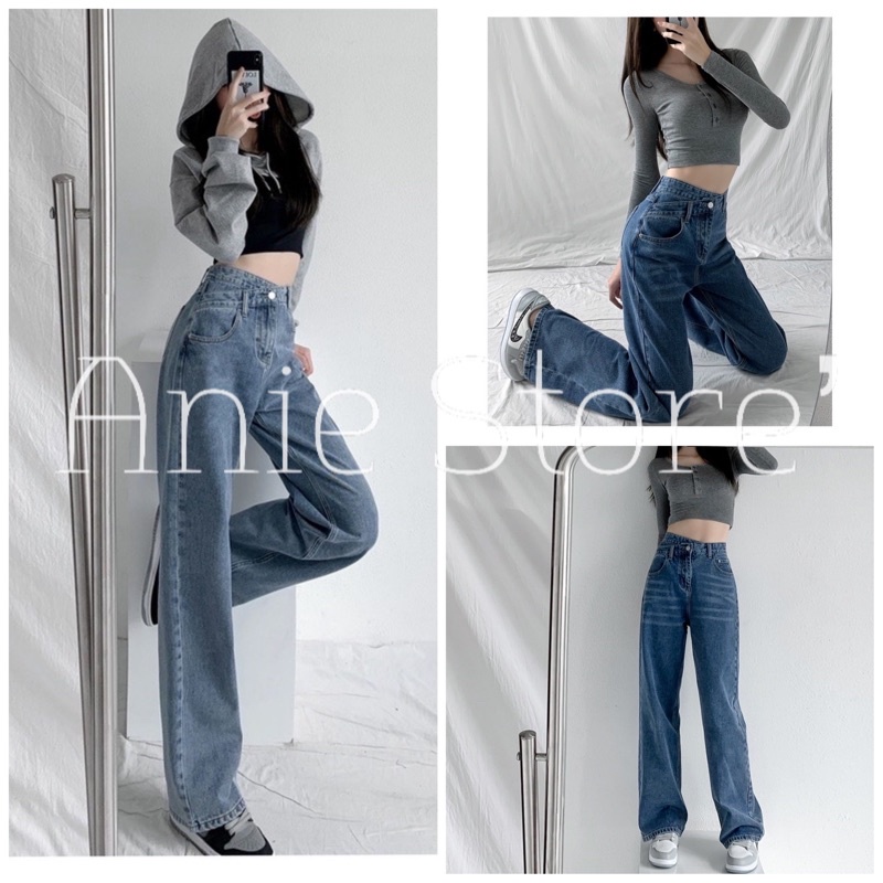 Quần Jeans Nữ Cạp Lệch Ống Rộng 🦋 Quần Bò Trơn Nữ Cạp Cao 2 Màu Full Size 🦋