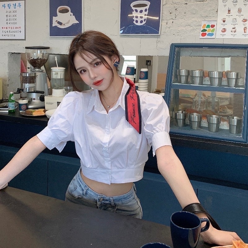 Áo sơ mi croptop tay bồng ulzzang - Áo thô croptop trắng tay phồng phong cách Hàn Quốc thời trang cho nữ