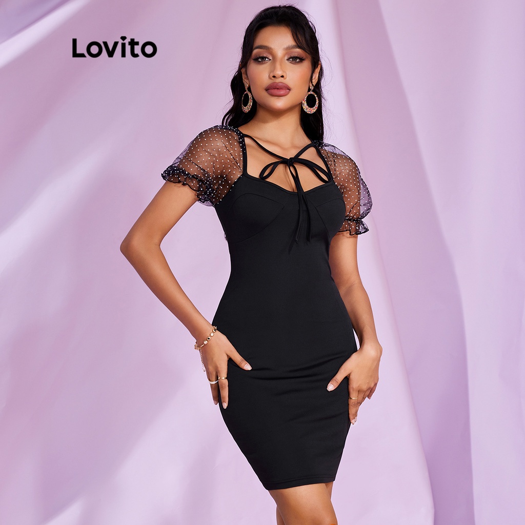 váy đầm Lovito STIPPLING WORLD Tay áo trơn ren Up Sheer Puff Tao nhã L28LE032 (Đen)
