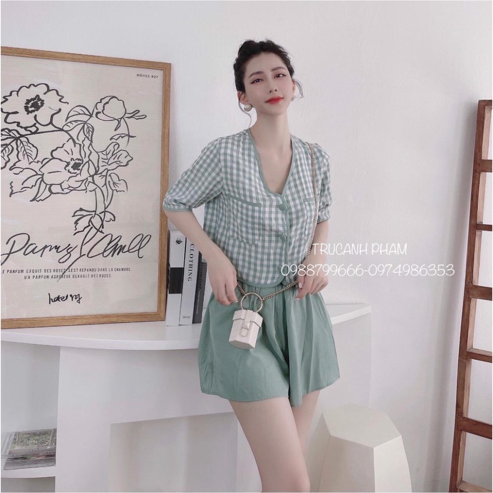 Áo kẻ đính cúc kèm quần sóc giả váy cực hót Chất kẻ cực xinh sang chảnh chất chéo thái đũi ảnh thật ulzzang xiao chất đẹ