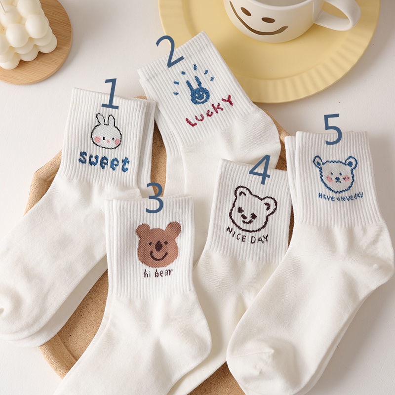 Set 5 Đôi Tất Vớ Cổ Cao Gấu Thỏ TrắngGIADUNGTONGKHO1Tất vớ nữ cổ cao trắng họa tiết gấu xinh xắn style Hàn Quốc Cute